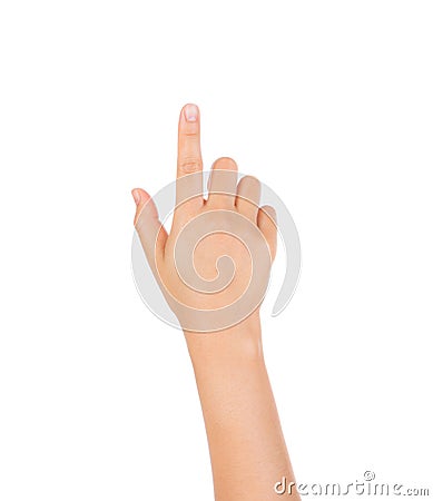 Woman hand touching virtual screen isolated Stock Photo