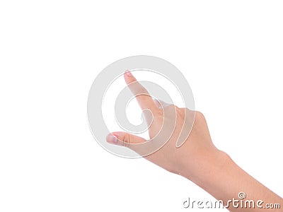 Woman hand touching virtual screen on white background Stock Photo