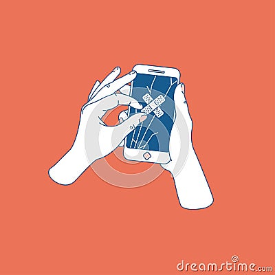 Woman hand trying to repair cracked smartphone. Phone with broken screen. Phone repair service. Vector illustration Vector Illustration