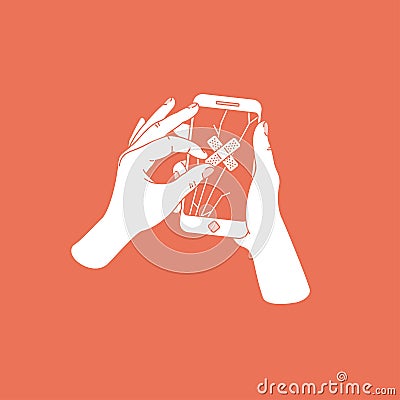 Woman hand trying to repair cracked smartphone with plaster. Phone with broken screen. Phone repair service. Vector illustration Vector Illustration