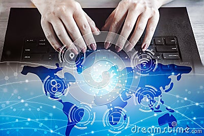 Woman hand typing on computer laptop with technology global business connection Stock Photo