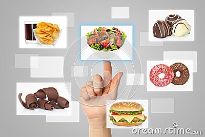 Woman hand uses touch screen interface with food Stock Photo