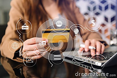 Woman hand using smart phone, mobile payments online shopping, computer in e icons Stock Photo