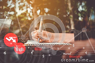 Woman hand using laptop to do business, financial or trading stock forex market . Stock Photo