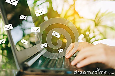 Woman hand using smartphone to send and recieve email for business Stock Photo