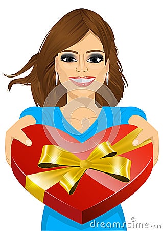 Woman handing over a heart shaped box Vector Illustration