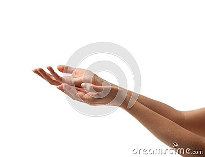 Woman hands asking for support money aim help waiting for water Stock Photo