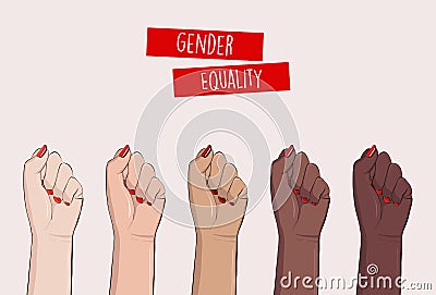Woman hands clenched fists, feminist protest, support girls. Female power diversity, raised fist strong girl concept international Vector Illustration