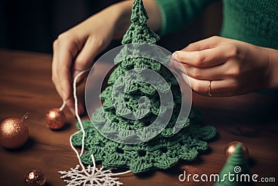 Woman hands crochet a Christmas tree decoration - xmas ornament gift wrapping - hobby Stock Photo