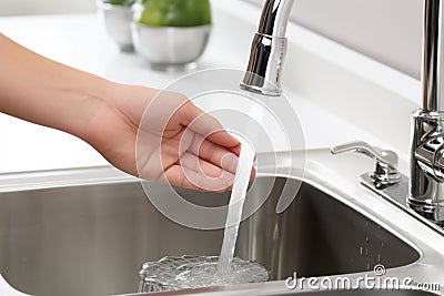 Woman hands filling glass tap water thirsty person pouring drink kitchen sink hand holding refreshing fresh filtered Stock Photo