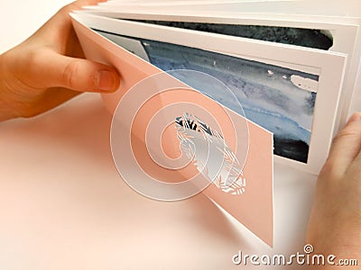 A woman hands hold a white paper for thank you card Stock Photo
