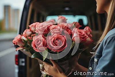 Woman holding bouquet of tender pink roses and is about to put them in the trunk of a cargo minibus. Flowers delivery Stock Photo