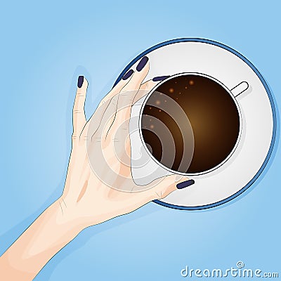 Woman hands holding coffee. Good start in the morning before beginning the working day. Top view. Cartoon Illustration