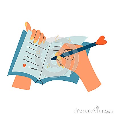 Woman hands holding a pen and writing down in diary, journal or notebook. Vector Illustration