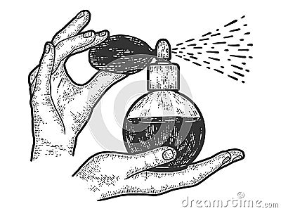 Woman hands holding a vintage perfume bottle with atomizer. Vector Illustration