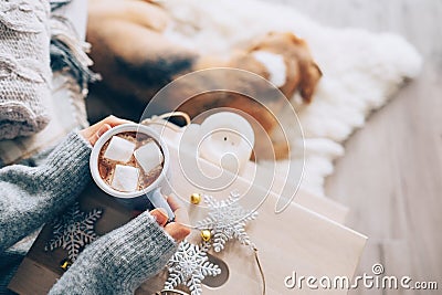 Woman hands ith cup of hot chocolate close up image, cozy home, Stock Photo