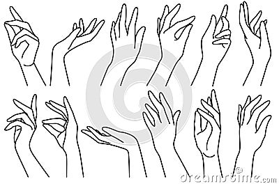 Woman hands line. Outline drawn female different position elegant hands icons collection, trendy minimalistic Vector Illustration