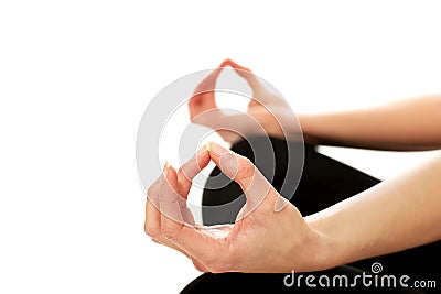 Woman hands in ohm yoga pose Stock Photo