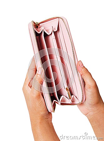 Woman hands opening an empty pink purse. Stock Photo