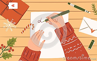 Woman hands with pen writing letter to Santa. Top view. Cozy Christmas illustration. Flat vector design. Vector Illustration