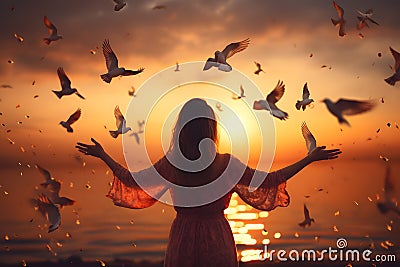 Woman praying and free bird enjoying nature on sunset background, hope concept Stock Photo