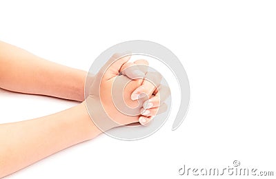 Woman hands praying on white background Stock Photo