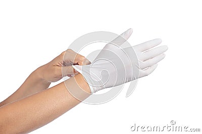 Woman hands putting on a latex gloves Stock Photo