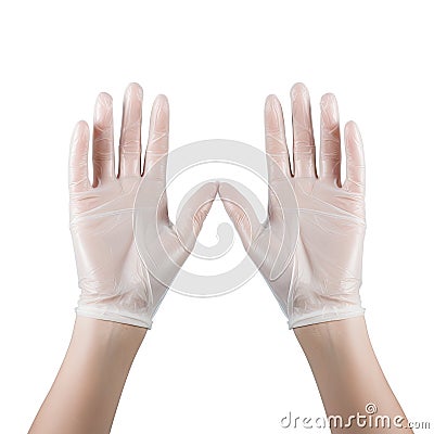 Woman hands putting on surgical gloves in white background Stock Photo