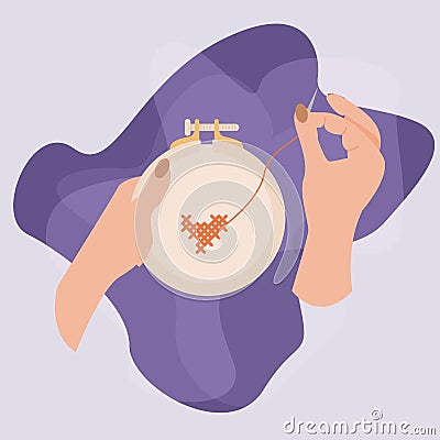 Woman hands stitching on a pastel fabric. Concept of creativity and hobby at home. Vector illustration for web design, print, Vector Illustration