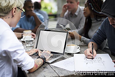 Woman Hands Tattoo Use Laptop Friends Cafe Stock Photo