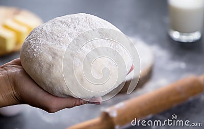 Hands working with dough preparation recipe bread, pizza or pie making ingridients Stock Photo