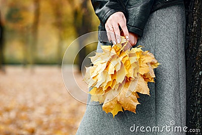 Woman hands with yellow leaves closeup. Fall season in city park Stock Photo