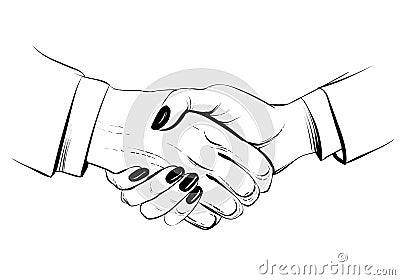 Woman handshake, hand drawn vector sketch illustration. Businessman and businesswoman. Vector Illustration