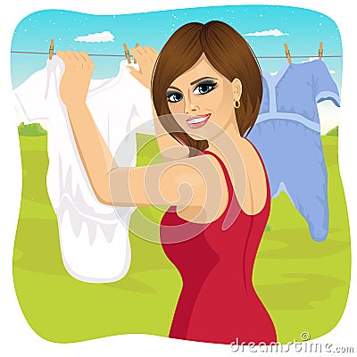 Woman hanging baby clothing on clothes line outdoors Vector Illustration