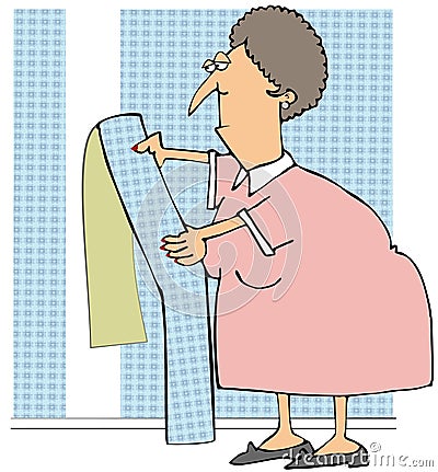 Woman Hanging Wallpaper Cartoon Illustration