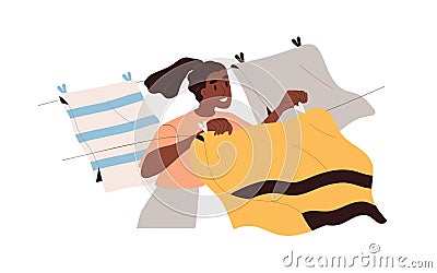 Woman hanging wet fresh laundry on ropes with clothespin to dry on air and wind. Black person and clothes, linen on Vector Illustration