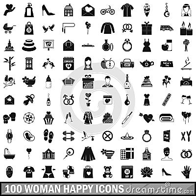 100 woman happy icons set, simple style Vector Illustration