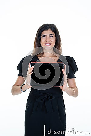 Woman happy smile slim showing blank black tablet computer screen Stock Photo