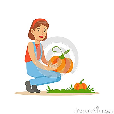 Woman Harvesting Pumpkins, Farmer Working At The Farm And Selling On Natural Organic Product Market Vector Illustration