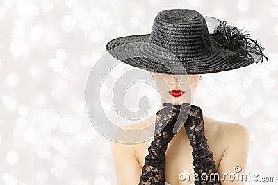 Woman In Hat and Gloves, Fashion Model Beauty Portrait, Girl Hidden Face, Red Lips Stock Photo