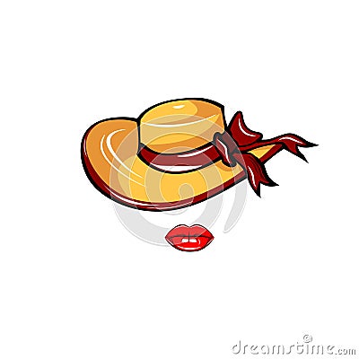 Woman hat icon. Wide-brimmed hat with bow and lips. Vector illustration. Vector Illustration