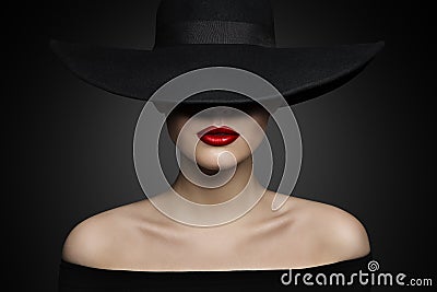 Woman Hat Lips and Shoulder, Elegant Fashion Model in Black Hat Stock Photo