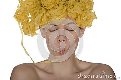 Woman in a hat of the products tasting noodles Stock Photo