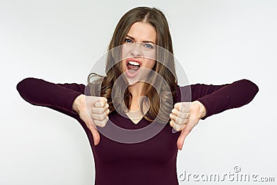 Woman hater doing dislike with thumb down. Stock Photo