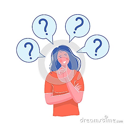 Woman have a question. the girl thought. A pose of the thinking person Cartoon Illustration