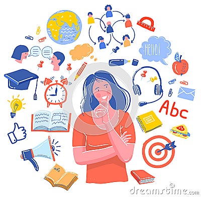Woman have a question. the girl thought of training School Doodle vector set. learning of foreign languages. Hand drawn icons Stock Photo