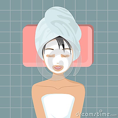 Woman having anti-aging facial treatment with cucumbers. Spa and wellness concept Cartoon Illustration