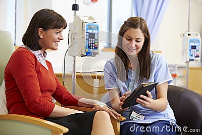 Woman Having Chemotherapy With Nurse Using Digital Tablet Stock Photo