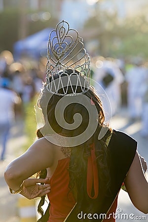 Woman having a crown on her head during festival, Ecuador Editorial Stock Photo