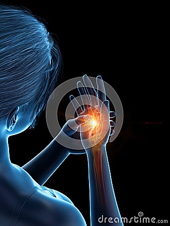 A woman having a painful hand Cartoon Illustration